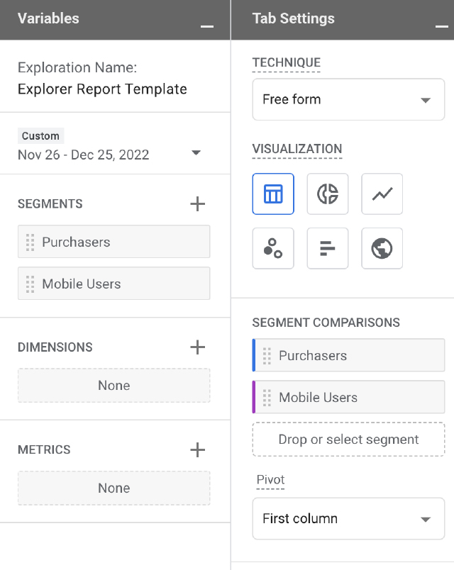 Google Analytics 4 screenshot showing savable segments in explorer reports
