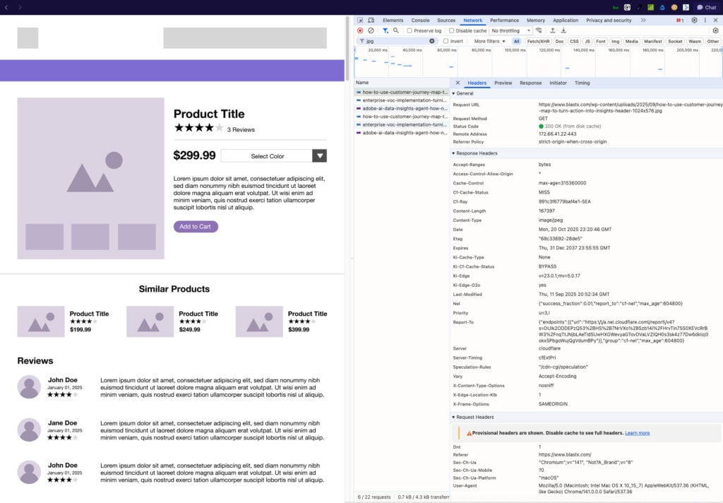 Product page network tab view showing page load speed