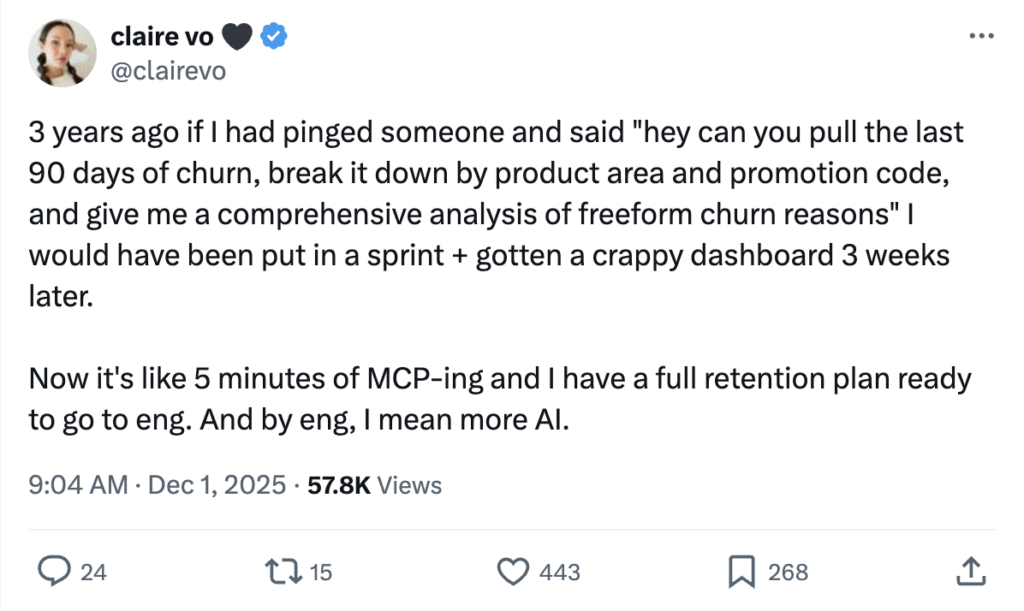 Claire Vo Founder of ChatPRD Quote on X emphasizing value of AI for analytics efficiency