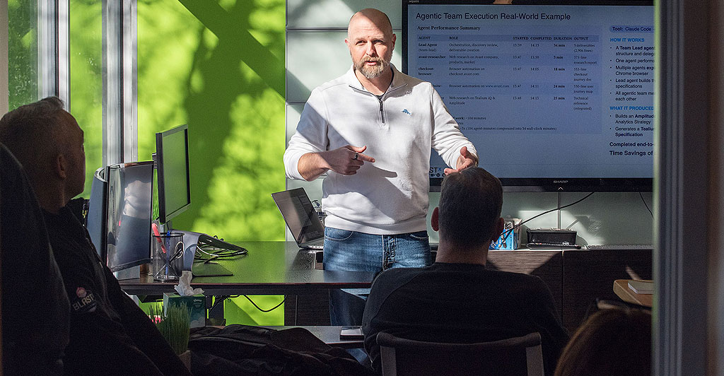 Chief AI Officer Joe Christopher in BlastX Office giving a presentation