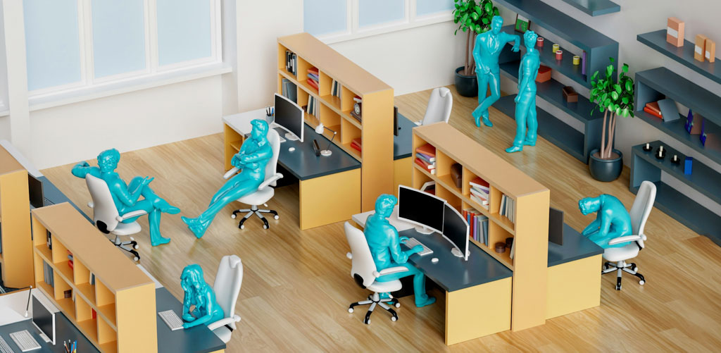 Stylized blue figures working in separate desk pods within a modern office environment discovering where CX value is leaking