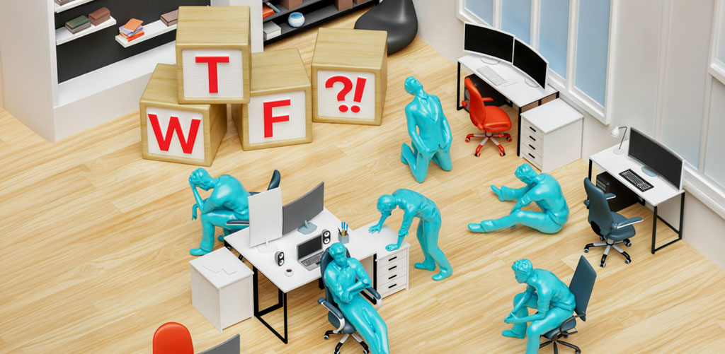 Frustrated office workers in states of distress around large wooden blocks spelling WTF?! because of Broken Customer Experience CX Playbook failures