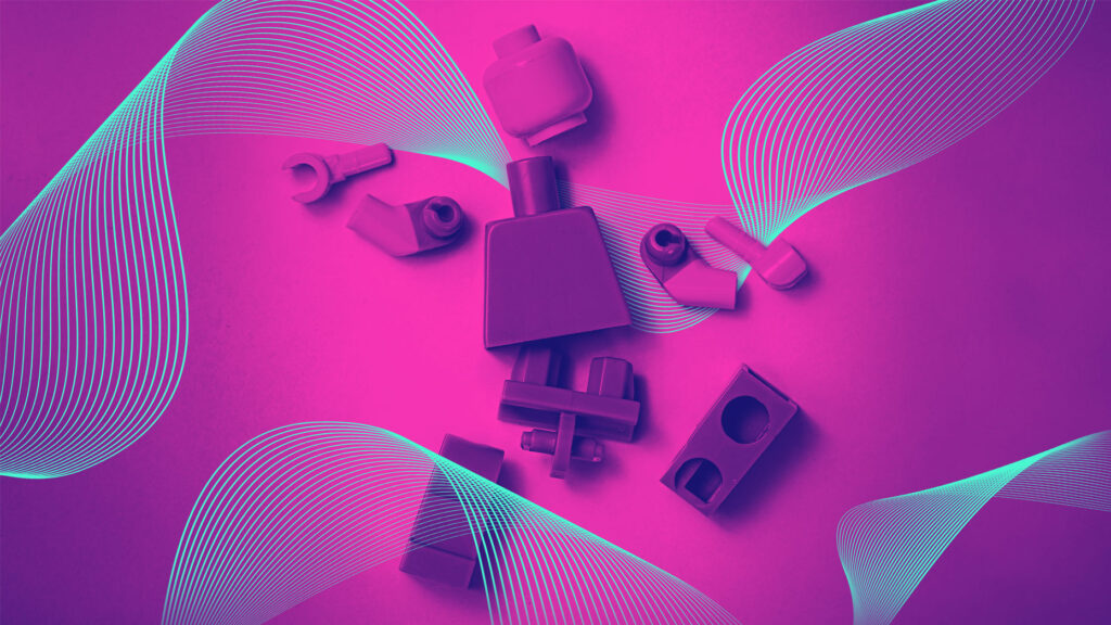 Disassembled toy figure parts and bricks on a purple background with teal graphic lines to present fracture customer cx experience