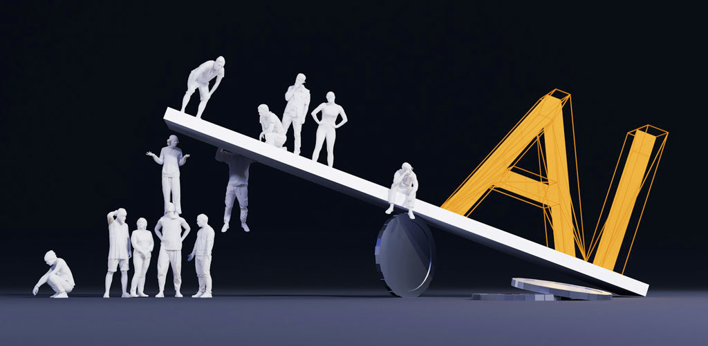 Seesaw with many human figures being outweighed by large orange letters spelling AI on other to represent data distrust in age of AI